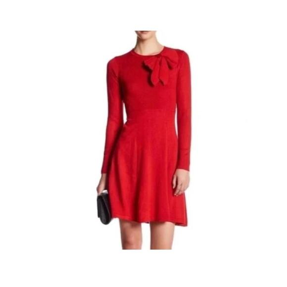 Eliza J Knit Bow Neck Long Sleeve Red Dress Size Small - Picture 1 of 5
